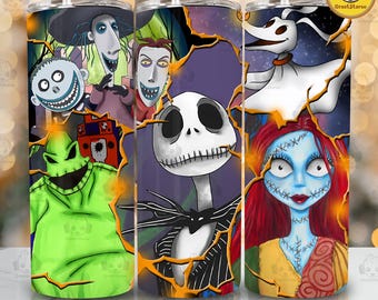 May include: Three stainless steel tumblers featuring characters from The Nightmare Before Christmas. The designs include Jack Skellington, Sally, Zero, and other characters. Each tumbler has a straw and a lid.