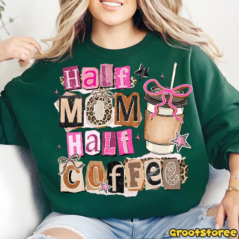 Coffee Mama PNG, Halvmamma Halvkaffeskjortadesign, Retrorutig kokettrosett, Leopardfärgad mors dag digital nedladdning bild 5
