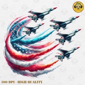 May include: Illustration of six fighter jets in formation, with red, white, and blue vapor trails forming the American flag. The jets are gray and navy blue with red and white accents. The text "300 DPI - HIGH QUALITY" is at the bottom.