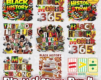 Könnte beinhalten: Eine Sammlung von Grafikdesigns zum Thema Black History Month. Die Designs zeigen Texte wie "I Am Black History", "My History is Strong" und "Black History Month 365". Weitere Elemente sind Illustrationen einer Boombox, Turnschuhen und Porträts.