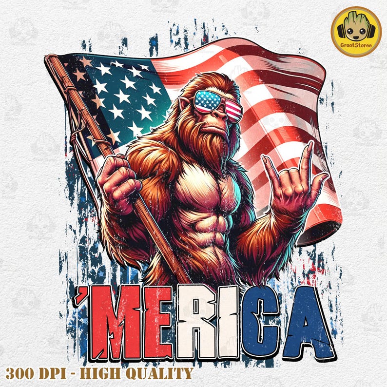 May include: A graphic illustration of a muscular Bigfoot-like creature wearing sunglasses with an American flag design. The creature holds an American flag and makes a rock-on hand gesture. The word "'MERICA" is displayed in red, white, and blue.