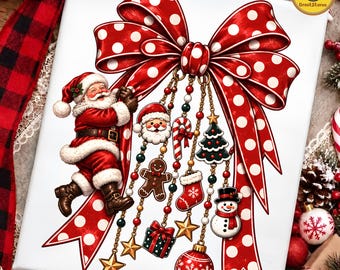 Girly Christmas Bow PNG, Retro Polka Dot Holiday Charms Design, Christmas Tree Doodles PNG, Trendy Xmas Shirt Graphic, Aesthetic Sublimation