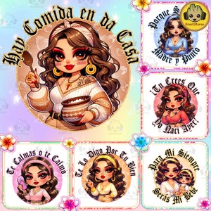 Lot de 6 dictons latinos au format PNG pour la fête des mères de style chibi, cadeau pour maman, png, Te Lo Digo Por Tu Bien Png, maman chicano, png