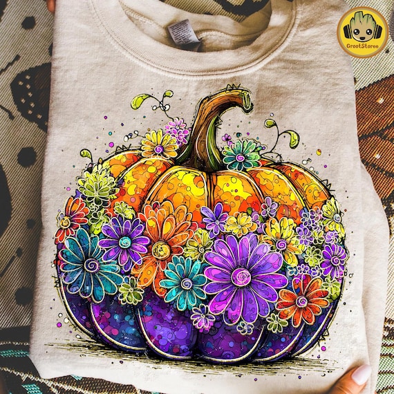 Trendy Neon Floral Pumpkin Png, Boho Fall Pumpkin Spice Shirt Design, Retro Autumn Flowers Sublimation, Preppy Fall Pumpkin Season Png