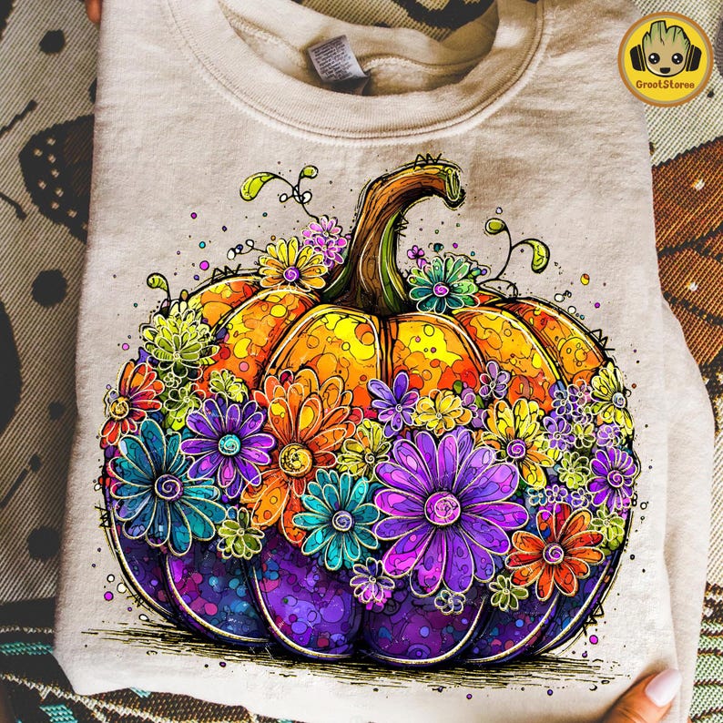 May include: A beige sweatshirt featuring a vibrant, colorful pumpkin design. The pumpkin is adorned with an array of flowers in shades of orange, yellow, purple, and teal. The design is centered on the front of the sweatshirt.