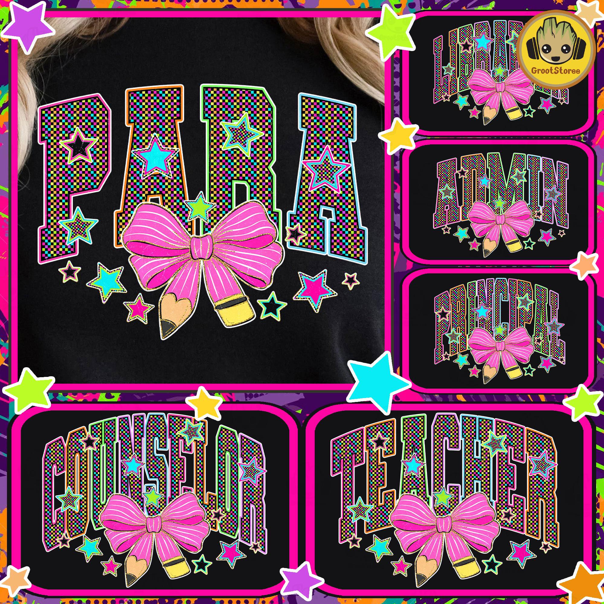 Retro Back to School Neon Checkered Png Bundle, School Occupation Png, First Day Of School Teacher Sped Para Librarian Png, Bright Color Png