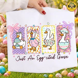 May include: White Easter-themed fabric featuring four cartoon geese in colorful frames. Each goose is decorated with Easter elements like eggs, bunny ears, and bows. The text "Just An Egg-cited Goose" is written below the geese.