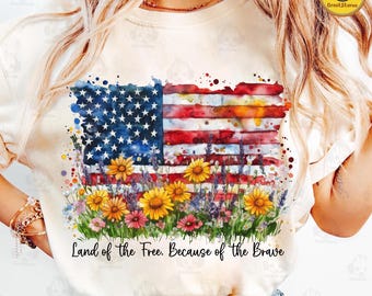 Retro American Flag Floral Png, Patriotic Wildflower Png, USA Land Of The Free Png, Boho 4th Of July Shirt Design, Poppy And Daisy Flag Png