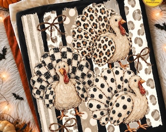 Thanksgiving Turkey PNG, Neutral Stitched Pumpkin Design, Polka Dot Checkered Leopard Graphic, Preppy Autumn Shirt, Fall Sublimation