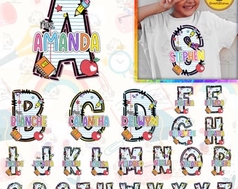 CUSTOM Name Alphabet Teacher Name Png, Cartoon Back To School Png, Apple Pencil Png, Teacher Png, Groovy Pencil Png, Cartoon School Png