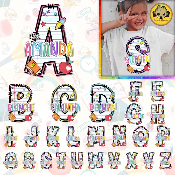CUSTOM Name Alphabet Lehrername Png, Cartoon Schulanfang Png, Apple Bleistift Png, Lehrer Png, Groovy Bleistift Png, Cartoon Schule Png