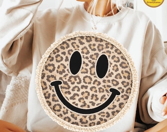 Patchwork Leopard Print Smiley PNG, Retro Baseball Softball Mama PNG, Preppy Cheetah Star Design, Rag Quilt Style Digital Download