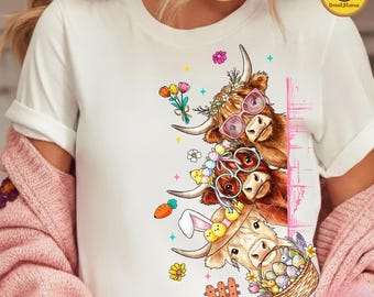 Highland Cow Easter Png, Cute Bunny Easter Shirt Design, Retro Holiday Sublimation Png, Happy Easter Day Png, Spring Shirt Digital Download