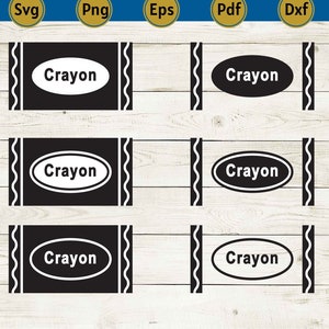May include: A digital design featuring six crayon illustrations in black and white. Each crayon has the word "Crayon" in a white oval. The design includes file type icons: SVG, PNG, EPS, PDF, and DXF.