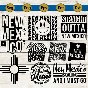May include: A selection of black and white designs themed around New Mexico. The designs feature text including "New Mexico", "Straight Outta New Mexico", and "New Mexico is Calling". Also includes a smiley face and the state's flag.