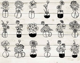 メイソンジャー SVG、メイソンジャー PNG、メイソンジャー、花瓶 SVG、野生の花 SVG、ガラスジャー SVG、キッチン SVG、メイソンジャー クリップ アート、クリカット、カット、PNG。