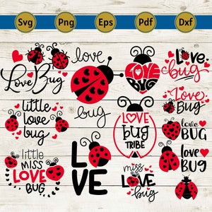 May include: A collection of red and black ladybug-themed designs with the words "Love Bug" and "Love" in various fonts. The designs include ladybugs, hearts, and the words "little miss love bug". The image also includes file type icons.