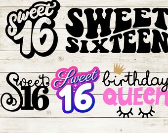 スイート 16 svg、スイート シックスティーン svg、スイート 16 png、スイート 16 スクワッド svg、16 歳の誕生日の男の子、誕生日の女王 svg、スイート 16 ケーキ トッパー、クリカット、カット