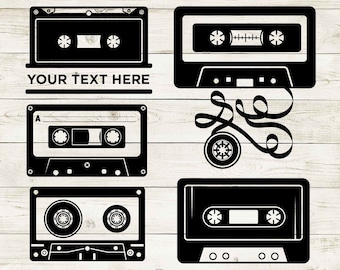 May include: Black and white cassette tape designs. Includes various cassette tape illustrations, some with decorative elements and the text "YOUR TEXT HERE". The image also includes the file type icons: SVG, PNG, EPS, PDF, and DXF.