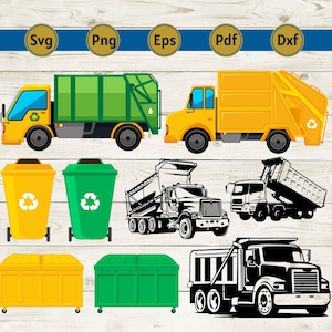 Pode incluir: Ilustrações vetoriais de caminhões de lixo e lixeiras de reciclagem amarelas e verdes. A imagem inclui diferentes estilos de caminhões e contêineres, com símbolos de reciclagem. Inclui rótulos de tipo de arquivo: SVG, PNG, EPS, PDF e DXF.