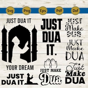 Op de afbeelding: Een digitaal ontwerp met zwarte afbeeldingen en tekst op een lichte houtnerf achtergrond. De tekst bevat zinnen als "JUST DUA IT" en "JUST MAKE DUA". De afbeelding bevat ook pictogrammen voor SVG-, PNG-, EPS-, PDF- en DXF-bestandstypen.