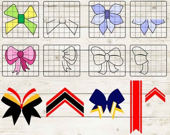 Könnte beinhalten: Eine digitale Grafik mit verschiedenen Schleifendesigns in den Formaten SVG, PNG, EPS, PDF und DXF. Die Schleifen sind in verschiedenen Farben, darunter Grün, Gelb, Rosa, Blau, Rot und Schwarz, einige mit schwarzen Umrissen. Das Bild ist vor einem Rasterhintergrund.