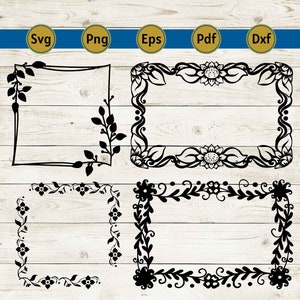 May include: Digital design elements featuring four black floral frames in various styles. The frames include botanical and sunflower designs, with the file types SVG, PNG, EPS, PDF, and DXF displayed above. The designs are set against a light wood grain background.