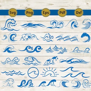 May include: A collection of blue wave designs in various styles, including stylized crests, rolling waves, and a sun over the ocean. The image includes the text "Svg", "Png", "Eps", "Pdf", and "Dxf" in gold circles.