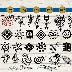 May include: A collection of black tribal designs, including a butterfly, turtle, wolf, and various geometric shapes. The designs are displayed on a light wood-grain background. File type options are displayed at the top: SVG, PNG, EPS, PDF, and DXF.