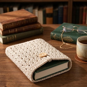 May include: A cream-coloured crocheted book sleeve featuring a textured stitch pattern and a single light brown wooden button closure. The sleeve is rectangular and holds a green hardcover book, showcasing a functional design for protecting books.
