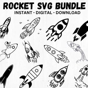 Puede incluir: Ilustraciones de cohetes en blanco y negro. La imagen incluye varios diseños de cohetes, algunos con llamas y estrellas, y el texto "ROCKET SVG BUNDLE INSTANT - DIGITAL - DOWNLOAD".