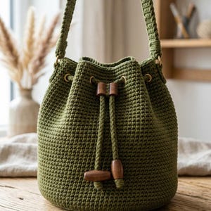 May include: Olive green crochet bucket bag with a drawstring closure and wooden toggles. The bag has a braided strap and gold-colored metal rings. The bag is sitting on a wooden surface.