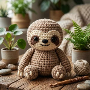 Puede incluir: Un peluche de perezoso tejido a ganchillo con cuerpo marrón claro, máscara facial color crema, grandes ojos de seguridad negros y una pequeña nariz y boca bordadas en negro. El perezoso tiene brazos y piernas largos con garras color crema.