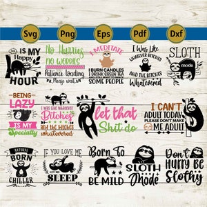 Sloth SVG Bundle Cute baby sloth cutting file Funny lazy sloths Black White Cuttable DXF Silhouette Cameo Cricut Vinyl Shirt Laser engraving