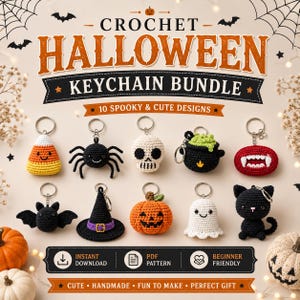 May include: A crochet Halloween keychain bundle featuring 10 designs including a candy corn, spider, skull, cauldron, vampire lips, bat, witch hat, pumpkin, ghost, and black cat. The text reads Crochet Halloween Keychain Bundle.