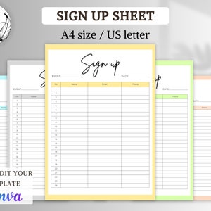 sign up sheet, potluck sign up, sign up template, email sign up, sign up form, a4 signed sheet, realestate sign in sheet, editable.