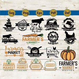 Może przedstawiać: Zbiór plików projektowych cyfrowych SVG, PNG, EPS, PDF i DXF o tematyce targu rolniczego. Projekty zawierają ilustracje krowy, marchewki, dyni oraz tekst, taki jak "Farmer's Market" i "Eat Fresh, Buy Local."