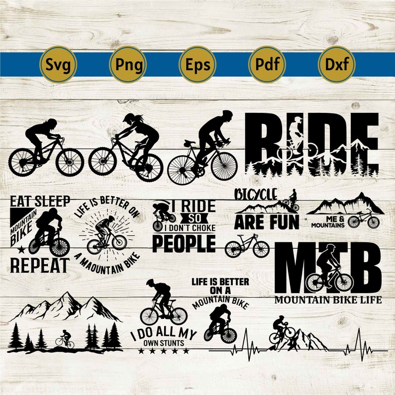 May include: A collection of black and white mountain biking graphics and text elements, including silhouettes of cyclists, mountain scenes, and phrases like "Ride" and "Mountain Bike Life". The image also includes file type icons.