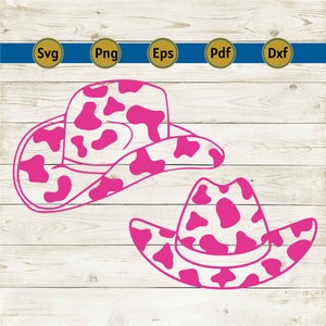 May include: Two pink cowboy hats with a cow print design. The hats are outlined in pink and have a white background. The image also includes file type icons: SVG, PNG, EPS, PDF, and DXF.