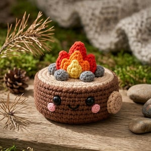 May include: A crocheted campfire toy featuring a brown log base with a smiling face, black eyes, and pink cheeks. The top of the log is light tan and holds a small, multi-colored flame made of red, orange, and yellow yarn, surrounded by gray stones.