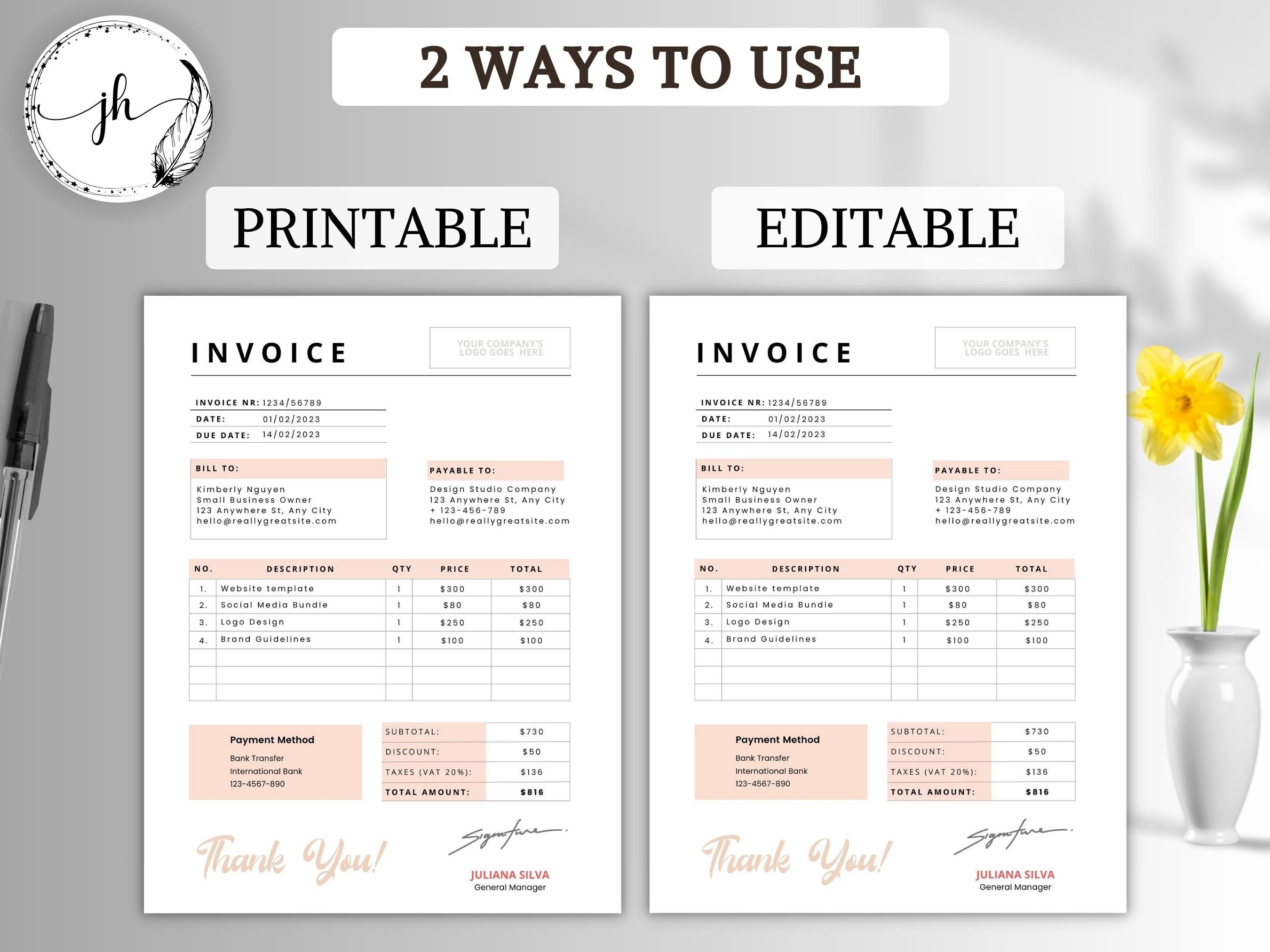 Invoice Template Editable Pink, Order Form Template, Printable Invoice ...