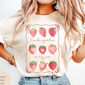 Kindergarten Is My Jam Teacher Strawberry Comfort Colors T-shirt, Kinder Teach Team Bow Frame Tee Shirt, Back To School Appreciation Gift