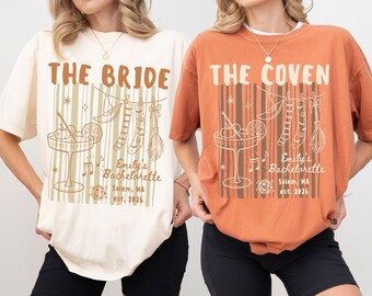 Custom Halloween Bachelorette Comfort Colors Tshirt, Personalized Spooky Bridal Party Tee Shirt, Witchy Bride Bridesmaids Matching Gift