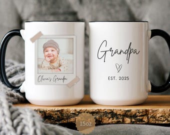 Custom Baby Face Photo Mug for Grandpa, Personalized Kids Name Polaroid Accent Coffee Cup, 1st Fathers Day Daddy Gift, New Dad Birthday Gift