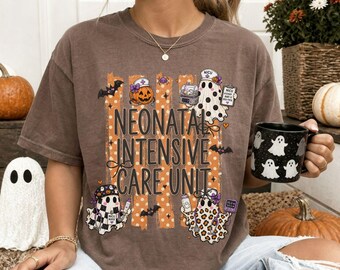 Halloween NICU Nurse Ghosts Stripes Comfort Colors T-shirt, Spooky Neonatal Intensive Care Unit RN Tee Shirt, Fall Nursing Appreciation Gift
