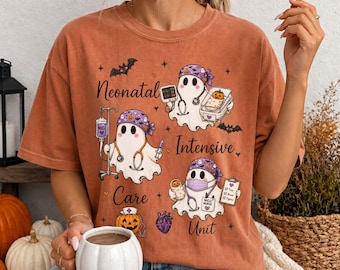 Halloween NICU Nurse Ghosts Comfort Colors Tshirt, Spooky Neonatal Intensive Care Unit RN Tee Shirt, Autumn Nursing Appreciation Gift