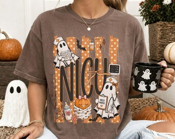 Halloween NICU Nurse Ghosts Stripes Comfort Colors T-shirt, Spooky Neonatal Intensive Care Unit RN Tee Shirt, Fall Nursing Appreciation Gift