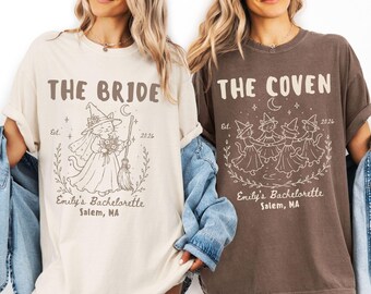 Custom Cat Halloween Bachelorette Comfort Colors Tshirt, Personalized Spooky Bridal Party Tee Shirt, Witchy Bride Bridesmaid Matching Gift
