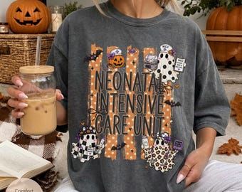 Halloween NICU Nurse Ghosts Stripes Comfort Colors Tshirt, Spooky Neonatal Intensive Care Unit RN Tee Shirt, Nursing Appreciation Gift