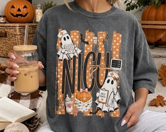 Halloween NICU Nurse Ghosts Stripes Comfort Colors Tshirt, Spooky Neonatal Intensive Care Unit RN Tee Shirt, Nursing Appreciation Gift